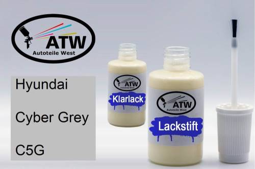 Hyundai, Cyber Grey, C5G: 20ml Lackstift + 20ml Klarlack - Set, von ATW Autoteile West.